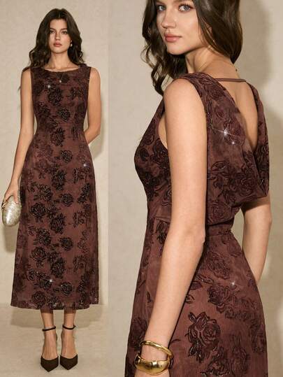 Poéselle Vestido elegante de mujer de unicolor con jacquard sin espalda y sin mangas para fiesta