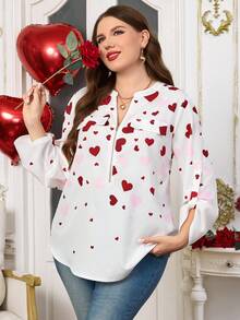 EMERY ROSE Plus Size Women's Spring Vacation Casual Round Neck Half Zip Front Heart Print Casual Rolled Sleeve Long Sleeve White Blouse,Early Spring/Valentine's Day, Spring Break,Holiday,Going Out,2026 New,Simple And Fashionable For Everyday Wear,Everyday,Summer - Multicolor - View 3