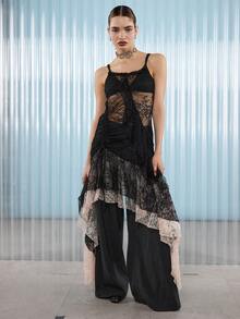 COUREZ 不对称蕾丝吊带长裙 / Y2K 冬季女装外出穿搭黑色连衣裙女式派对礼服圣诞节新年性感优雅 - 黑色 - 查看 6