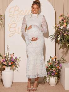 Loomaby 孕妇花卉蕾丝领喇叭袖褶皱鱼尾下摆修身优雅连衣裙 - 白色 - 查看 4