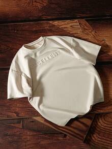 TOKVUE Loose Fit Men's Letter Embossed Drop Shoulder T-Shirt, Fall Fleece - Apricot - View 3