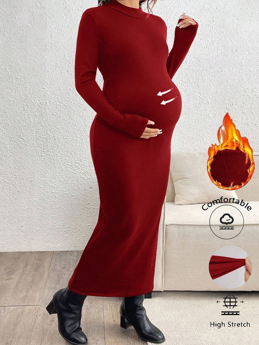 SHEIN Vestido largo ajustado, grueso y cálido deunicoloro con cuello mao, manga raglán y larga para maternidad - Rojo - Ver 1