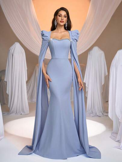 Aureia Elegant Light Blue Square Collar Luxurious Rhinestone Chain Hollow Out Extra Long Cap Sleeve Fishtail Trailing Dress, Suitable For Weddings, Formal Events, Parties, Dates, And All Formal Occasions