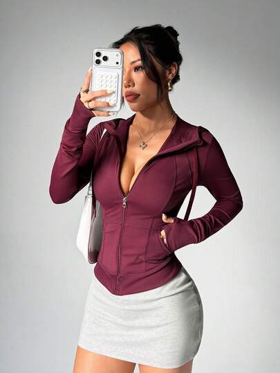 Dewbera Women's Solid Color Hooded Zipper Pocket Long Sleeve Sports Jacket Curvy Workout Top Zipper Front Zip Up Workout Jacket Yoga Jacket Women Long Torso Workout Top Zipper Front Gym Jacket For Women Sexy Blouse Gym