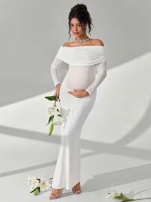 Cheriluna Maternity 优雅长袖孕妇连衣裙，适合拍摄的大气孕妇礼服 - 杏色 - 查看 1