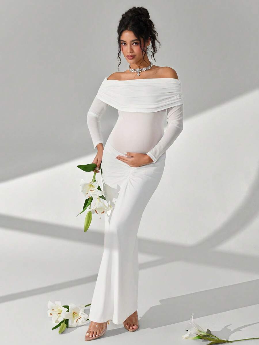 Cheriluna Maternity 优雅长袖孕妇连衣裙，适合拍摄的大气孕妇礼服 - 杏色 - 查看 1