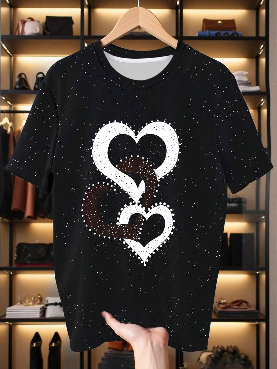 SHEIN Men's Heart-Shaped Pattern T-Shirt, Breathable Round Neck Red And Black Summer Casual Top For Sports & Date, Machine Washable Fabric Tee - Multicolor - View 1