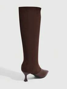 CUCCOO SZL 女式尖头小猫跟黑色绒面革时尚简约通勤百搭及膝靴 - 棕色 - 查看 4