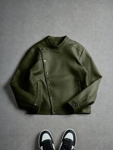 Manfinity EMRG Men's Oblique Button Jacket, Asymmetrical Button Design Casual Outerwear, Recommended Gift For Husband, Boyfriend, Friend Green Jacket Cropped Jacket Army Green Jacket Cropped Zip Up - Olive Green - View 5