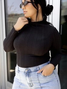 Truni Itsmisslys Plus Size Women's Black Stand Collar Long Sleeve Top, For Pear Triangle Body Shape - Black - View 5