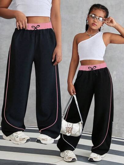Sparklyn Tween Girl Casual All-Match Street Sports Versatile Black & White Contrast Trim Loose Wide Leg Pants,Holiday,Summer,Travel