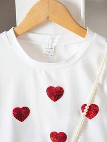 SHEIN 2件套女童白色印花T恤（带3D爱心图案）和红色百褶裙 - 紅色 - 查看 5