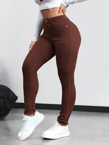 SHEIN Tall Women's Casual Commuter Washed Skinny Jeans - Brown - View 1