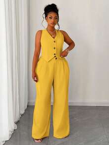 Maweii Bộ đồ 2 món dành cho nữ cỡ lớn, màu trơn: áo ba lỗ ngắn và quần ống rộng. - Màu vàng - Xem 3