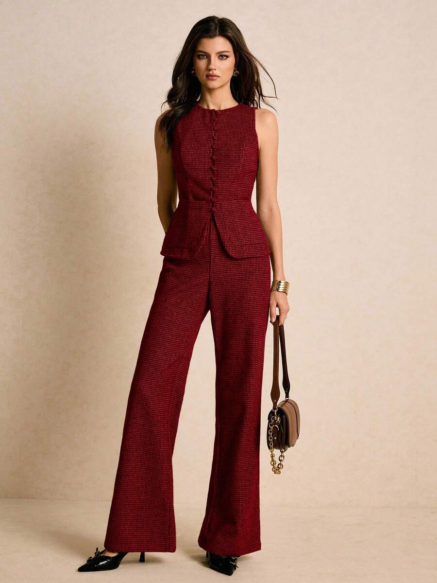 Poéselle Bộ 2 món áo không tay cổ tròn màu trơn và quần ống loe thanh lịch dành cho nữ - Đỏ - Xem 1