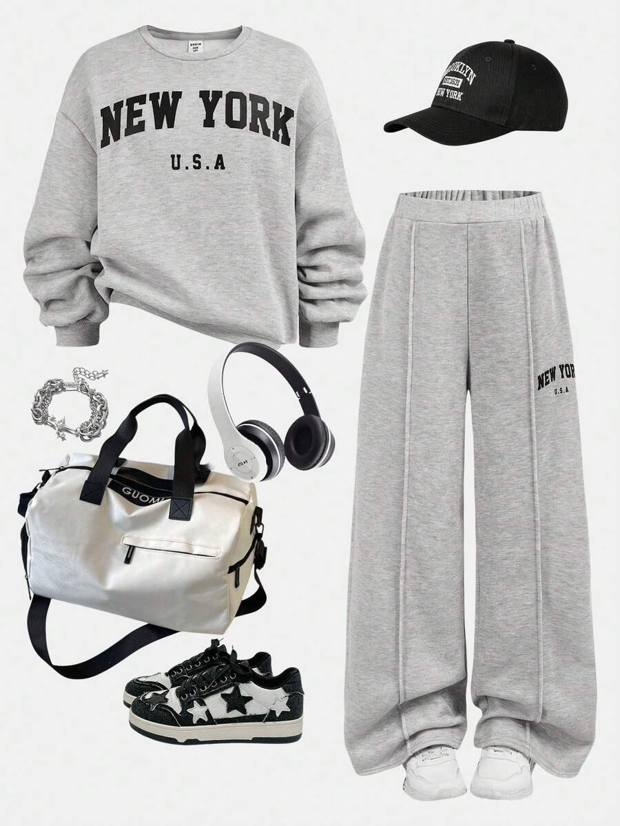 SHEIN Girlism Tween Girl Casual Daily Round Neck New York Letter Print Sweatshirt And Straight Leg Pants Set - Grey - View 1
