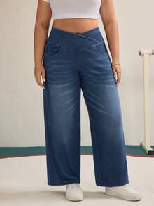 Flexra 大码女式交叉腰带针织牛仔运动修身阔腿直筒裤 - 深色水洗藍 - 查看 5