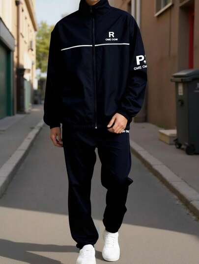 SHEIN Teen Boys Minimalist Silhouette Sporty Jacket Set, Casual Collegiate Style, Comfortable & Fashionable, Versatile & Practical, Soft Fabric, Suitable For Daily Wear, School, Outings, Outdoor Activities, Autumn/Winter Tracksuit Set Black Tracksuit Men Tracksuit Sportswear Black Sweatsuit Jacket And Pants Set Sports Suit Casual Tracksuit