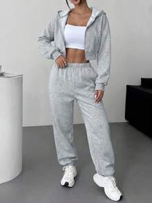 SHEIN EZwear 灰色花卉针织女式休闲运动套装 - 灰色 - 查看 6