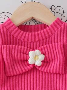 SHEIN Toddler Girls' Knitted Ribbed Crew Neck Long Sleeve Big Bow 3D Floral Sweater Dress, Sweet & Cute, Spring/Autumn - Hot Pink - View 5
