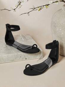 SHUZIA Women's Minimalist Comfortable Toe Ring Ankle Strap Flat Sandals - Black - View 6