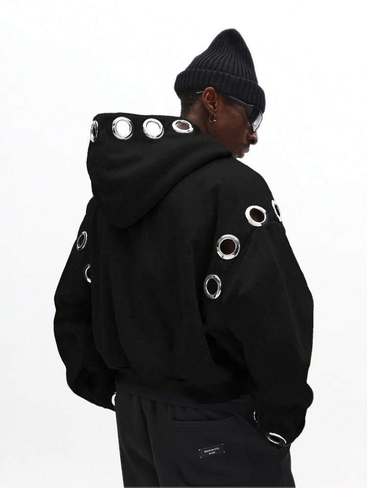 Zip-Up Hoodie With Metallic Grommets