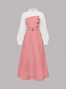 Tween Girl Elegant Long Sleeve Dress With Shirt Collar, 2 In 1 Design, Perfect For Casual And Commuting Wear In Spring, Fall And Spring, And Winter - Pink - View 3