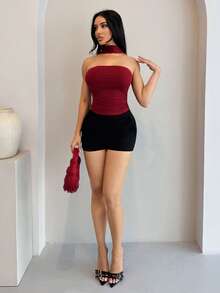 Shopreo Y2K 风格豹纹短款褶皱红色抹胸女装 - 酒紅色 - 查看 5