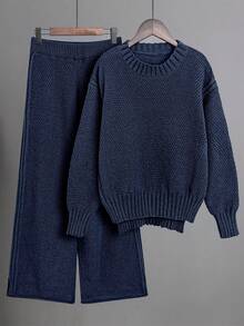 Franclia 2 piezas Conjunto de suéter y pantalones de punto de unicolor, casual para otoño/invierno - azul real - Ver 3