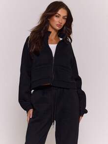 MUSERA High Neck Zip Through Cropped Long Sleeve Sweatshirt Cute Going Out Daily Spring Summer Casual - Black - View 1