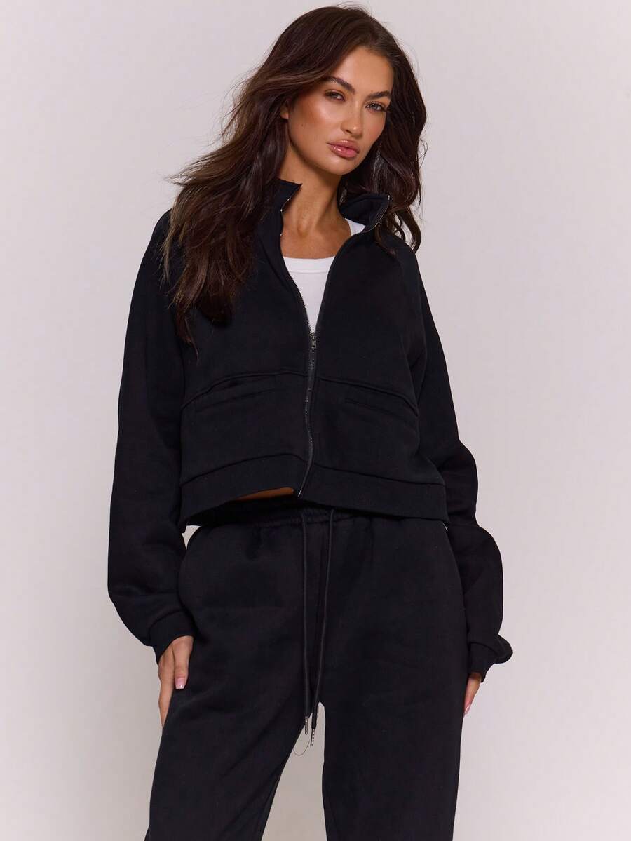 MUSERA High Neck Zip Through Cropped Long Sleeve Sweatshirt Cute Going Out Daily Spring Summer Casual - Black - View 1