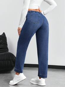 SHEIN Tall 女款休閒通勤水洗錐形牛仔褲，適合高個女性 - 中等水洗藍 - 查看 2