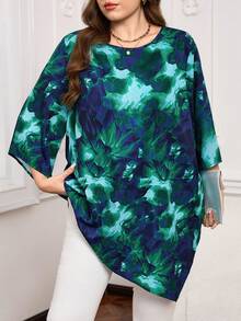 EMERY ROSE Plus Size Women Spring/Autumn Casual Vacation Style All-Over Print Flare Sleeve Loose Blouse Winter Outfit For Women Christmas Outfit For Women New Year Clothes  Elegant Party Blouse Tunic Tops For Women Blue Floral Top Tunics For Women Elegant Tops For Women Asymmetrical Top Plus Valentine's Day, Mother Clothing, Comfortable And Casual Beach Outfit  Green Top Tunic Blouse Spring Break Outfits  Holiday Outfits For Women