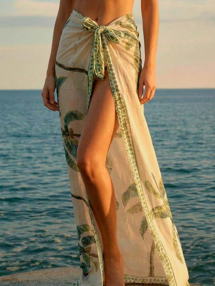 CAJUNI 波西米亚风绿色和米色棕榈树印花休闲夏季沙滩泳衣罩衫纱笼裙 - 綠色 - 查看 4