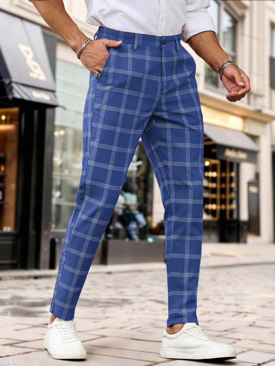 Manfinity Homme Men's Plaid Print Pocket Casual Suit Pants - Blue - View 1