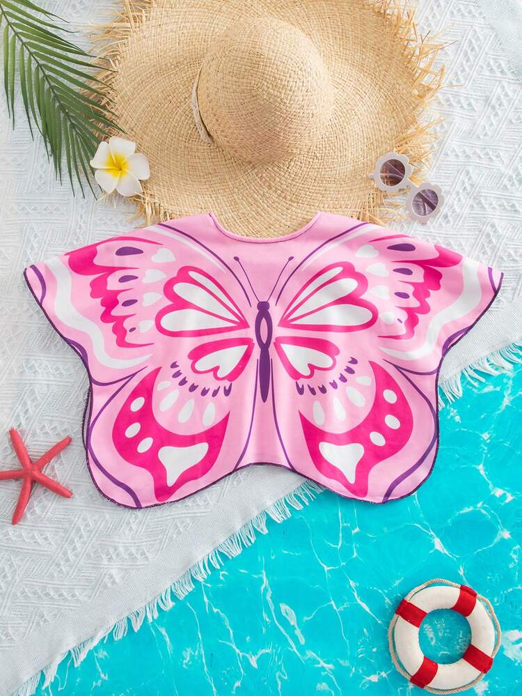 SHEIN 1 Piece Baby Girl Cute Summer Versatile Pink Casual Butterfly Pattern Swimsuit Coverup Suitable For Vacation And Play Suitable For Spring And Summer Seasons - Pink - View 4