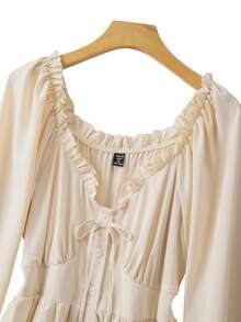 GlowEve CURVE 女士甜美优雅荷叶边腰部长袖连衣裙 - 杏色 - 查看 5