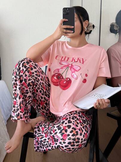 Slumberry CURVE Plus Size Women Cherry Leopard Print Casual Pajama Set