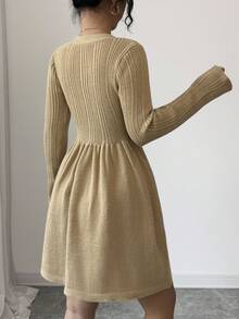 SHEIN Elenzya Women's Elegant Solid Color V-Neck Ribbed Button Long Sleeve Sweater Dress - Khaki - View 2