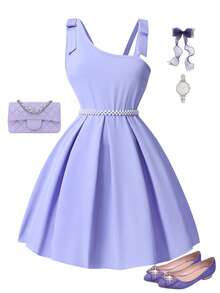 Tween-Mädchen Elegantes, ärmelloses Kleid in Unifarbe mit Schleifenverzierung, asymmetrischem Ausschnitt und ärmellosem Design