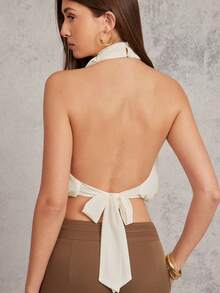 L'Amorae Backless High Neck Sleeveless Chiffon Summer Top - Beige - View 2
