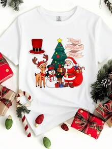 Playera con diseño de Santa Claus, Reno, Muñeco de Nieve y accesorios Navideños, estampado, ideal para esta temporada y uso diario, llamativo, moderno, holgado, cuello redondo, manga corta, ideal para toda la familia - Blanco - Ver 1