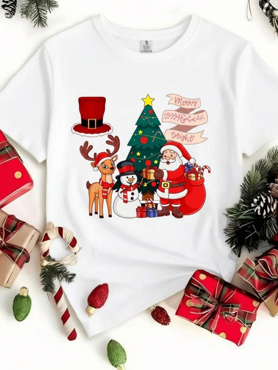 Playera con diseño de Santa Claus, Reno, Muñeco de Nieve y accesorios Navideños, estampado, ideal para esta temporada y uso diario, llamativo, moderno, holgado, cuello redondo, manga corta, ideal para toda la familia - Blanco - Ver 1