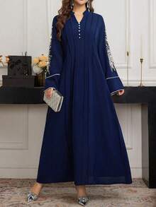 SHEIN Najma Elegant Party Sequin & Beaded Decor Notched Neck Dress - Blue - View 5