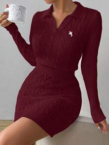 Rafferiza Pony Logo White Cable Knit Sweater, Embroidered Polo Collar Top, Fitted Sexy Dress - Burgundy - View 5