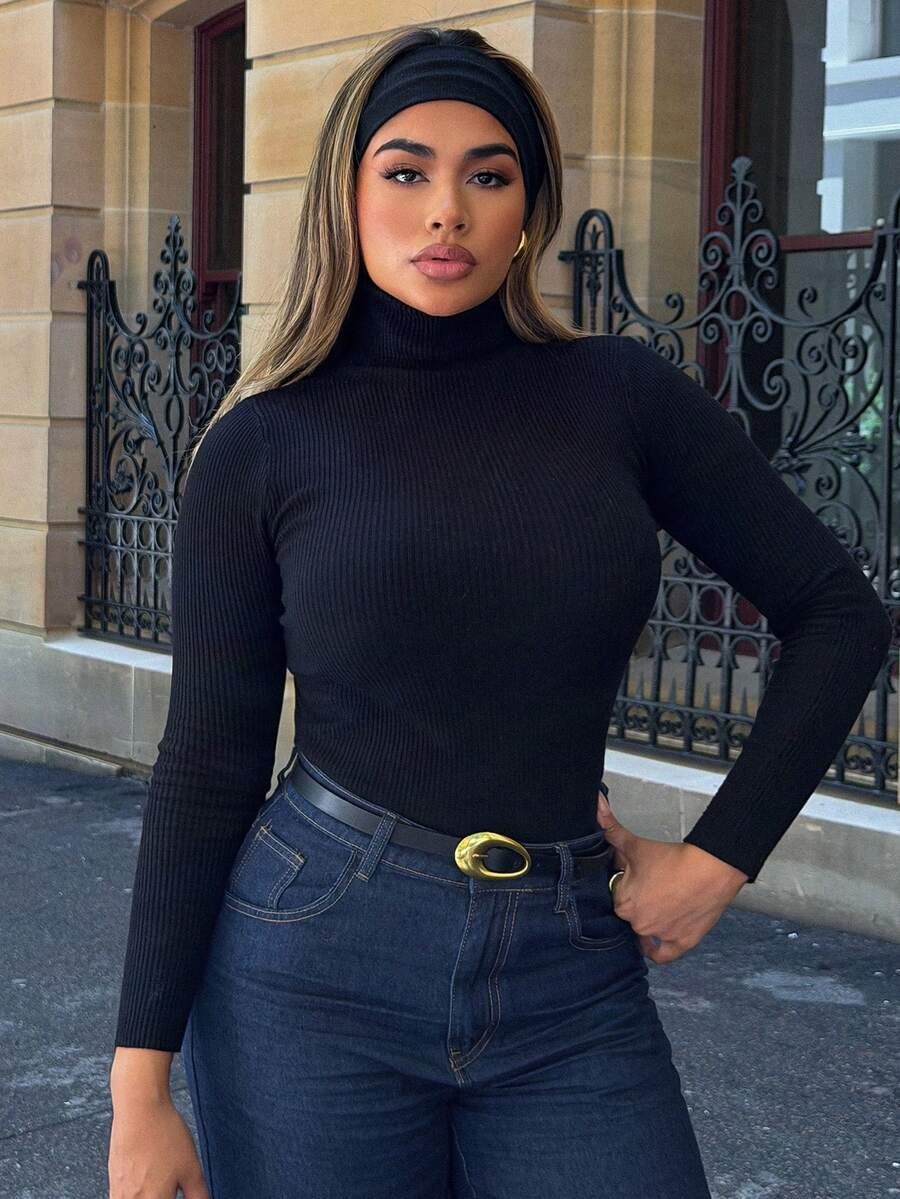Maria Perezxox Women's Solid Color Basic Knitted Ribbed Turtleneck Sweater, Autumn/Winter - Black - View 1