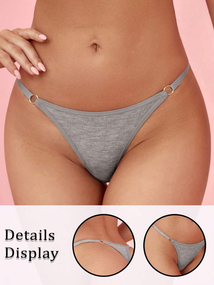 Women's Casual Grey Fabric Thong Panties With Ring Detail - Grey - View 1