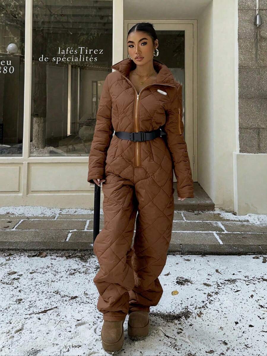 Muchica Bộ đồ liền thân ống rộng tay dài màu nâu có khóa kéo dành cho nữ, Thu/Đông - màu nâu - Xem 1