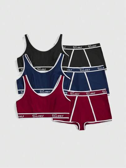 Set di reggiseno e slip con stampa a lettere e bordi a contrasto, taglie comode