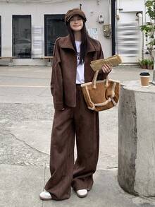 DAZY 女士麂皮长袖外套和休闲宽松裤两件套，韩版风格，秋冬款